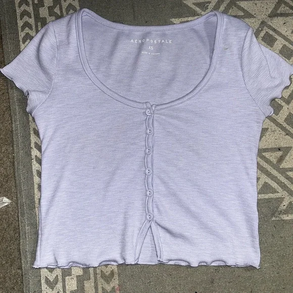 Women's Lilac Button-Up Ribbed Top Lettuce Trim Aeropostale - Picture 3 of 7